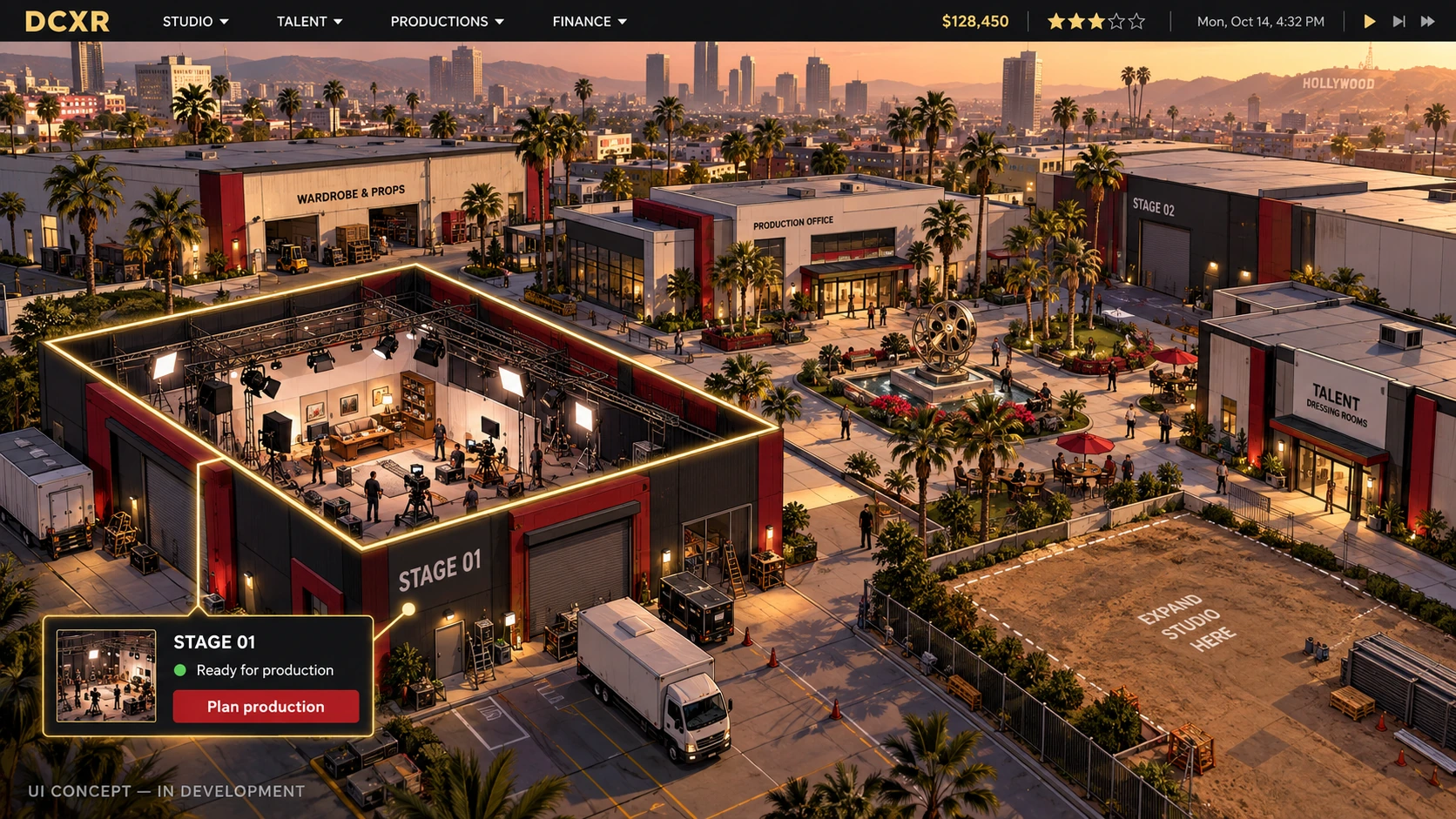 Concept illustration of the game interface: a spacious film studio campus with an open soundstage, production office, dressing rooms and expansion space, with the city in the background.
